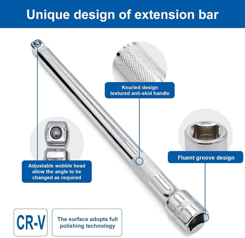 DAZCOS 3 Pieces 1/2 Inch Drive Wobble Extension Set Includes 2 5 10 Inch Extensions Premium Chrome Vanadium Steel with Mirror Finish - Image 3